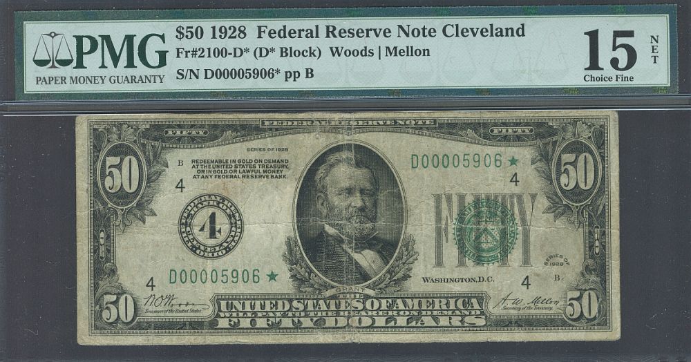 Fr.2100-D*, 1928 $50 Cleveland Star FRN, D00005906*, Ch.F, PMG-15n